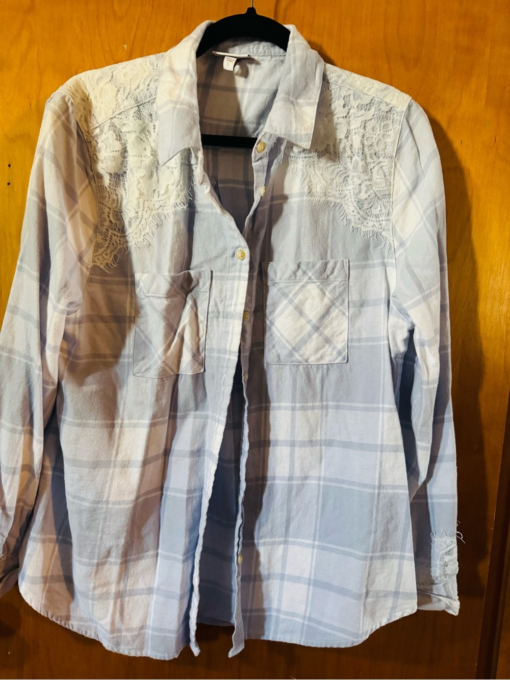 Shyanne Light Blue Plaid Button-Down Shirt with Lace Yoke